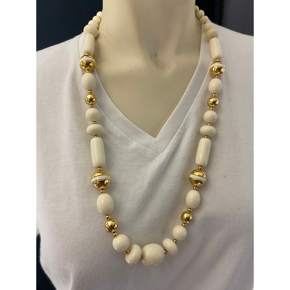Chunky Cream Beaded Necklace Gold Accents Statement Necklace‎